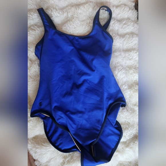 Vintage Ralph Lauren Sport One Piece Swimsuit Blue with Navy Trim Logo Sz 10 USA - Picture 1 of 6
